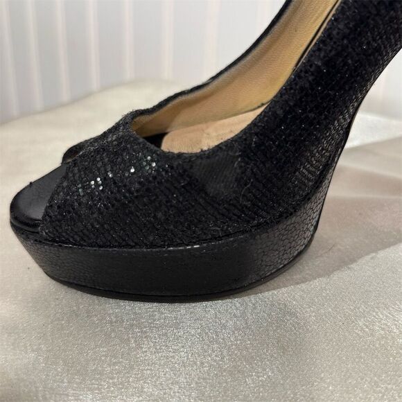 Jimmy Choo Black Glitter Peep Toe Platform Pumps Size 7 US Heels Made in Italy - Picture 11 of 15